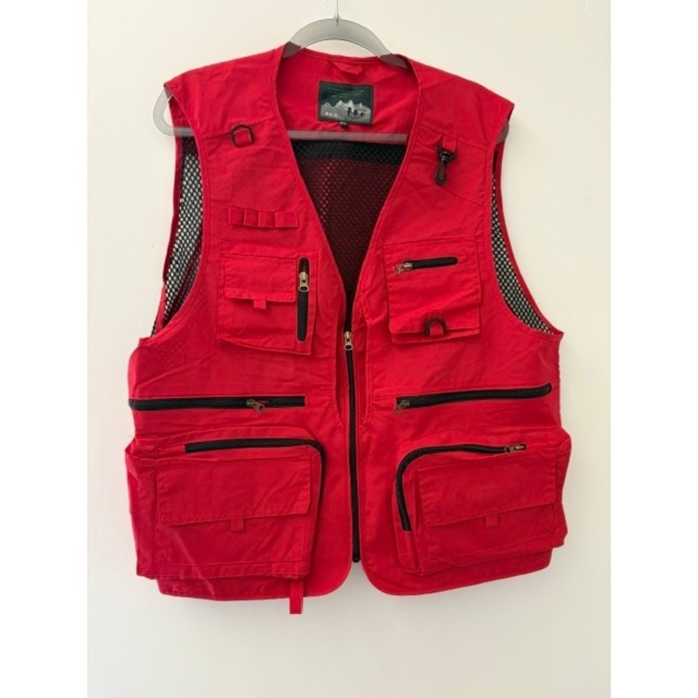 Red Multi-Pocket Utility Fishing Vest Mesh Back Gorpcore Men 2XL